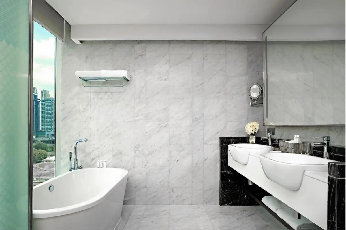 Bangkok Modern Minimalist Bathroom with Freestanding Tub and Double Vanity in Huai Khwang