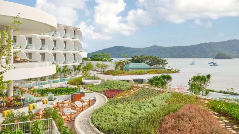 Modern Multi-Level Building with Elongated Pool and Scenic Water Views at Panwa Beach