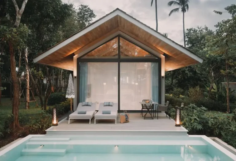 Modern Outdoor Pool and Relaxation Area with Lounge Chairs and Wooden Deck in Phuket Town
