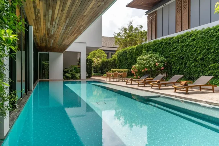 Modern Outdoor Swimming Pool and Relaxation Deck in Sathorn with Lounge Seating