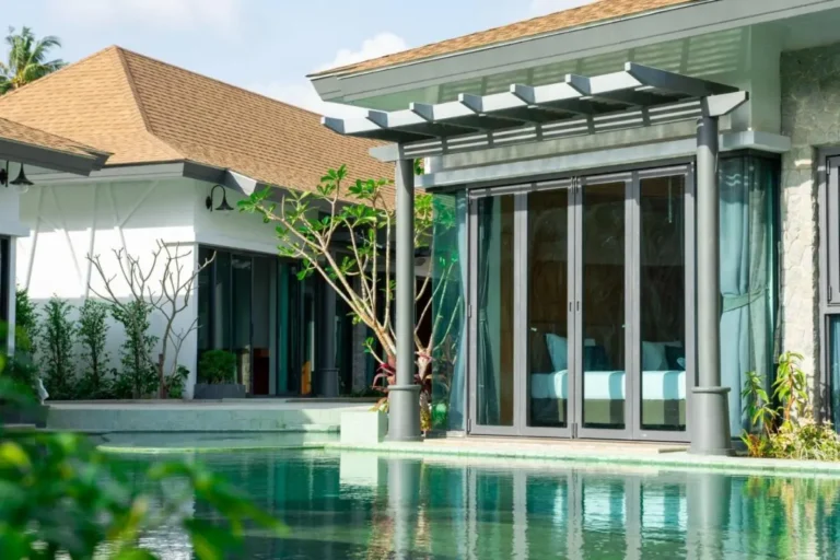 Modern Outdoor Swimming Pool Area with Pergola and Glass Doors in Chalong