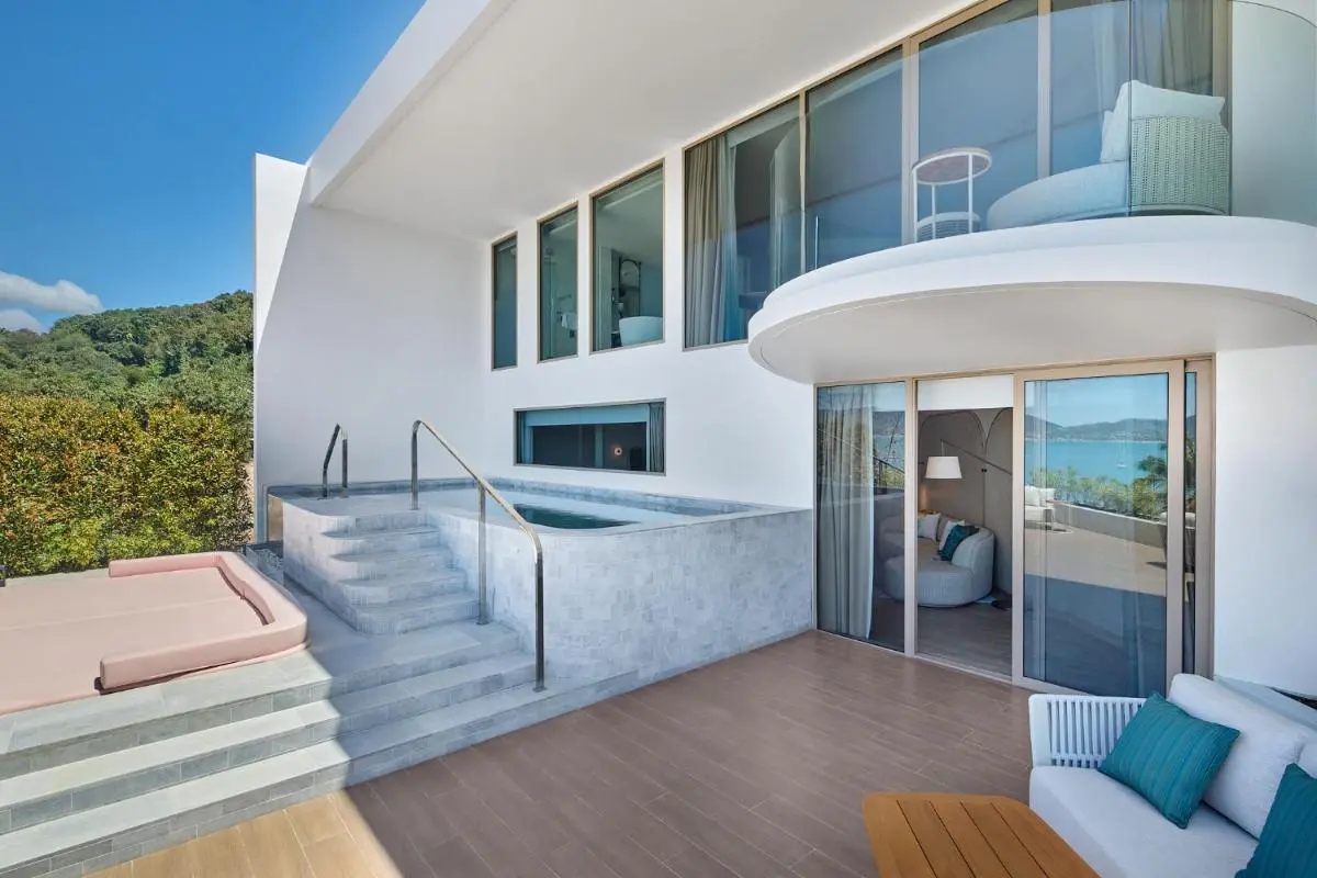 Modern Outdoor Terrace Featuring Elevated Pool and Spa Overlooking Panwa Beach