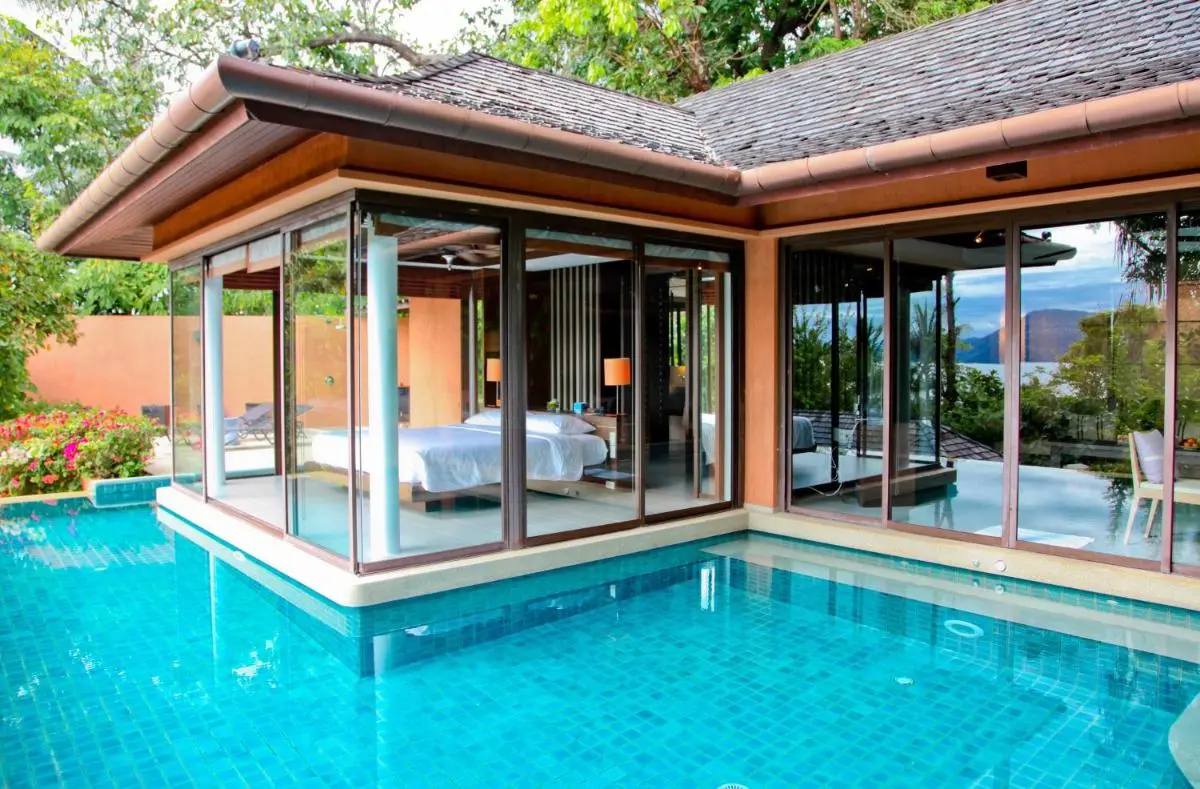 Sri Panwa Phuket Luxury Pool Villa Hotel Modern Single-Story Home with Glass Walls and Pool at Panwa Beach Phuket Province