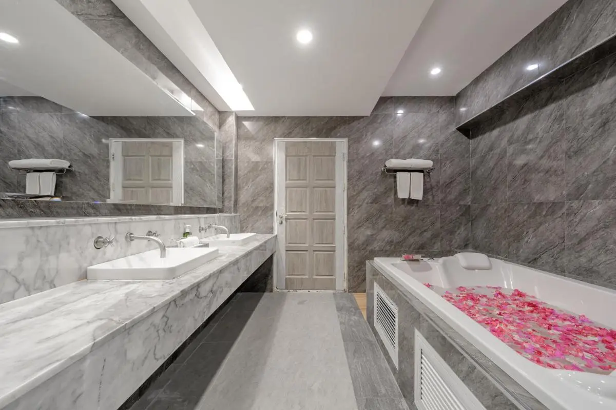 Thailand Modern Spa-Inspired Bathroom Featuring Marble Bathtub and Dual Vessel Sinks