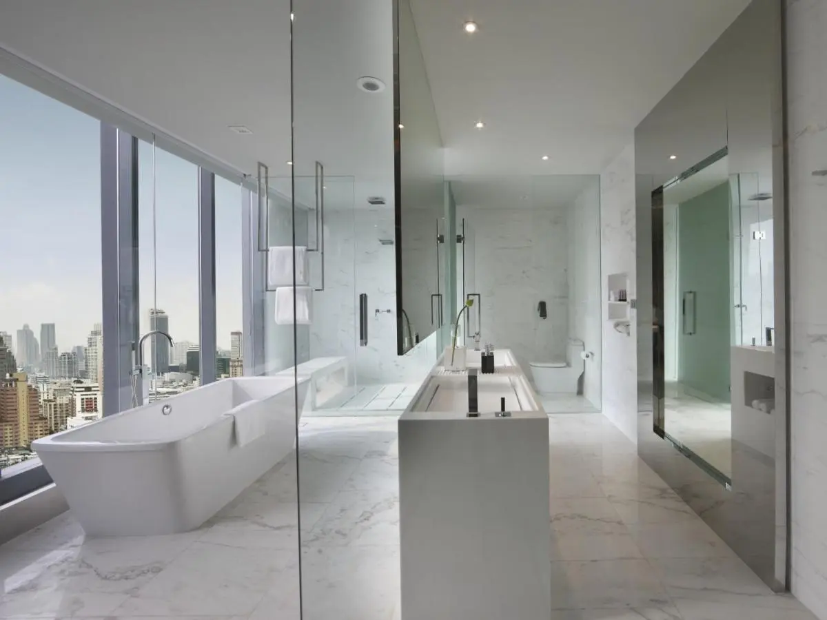 Modern Spacious Bathroom with Marble Design and City Views in Bang Rak