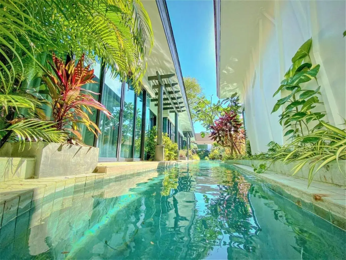Phuket Province Narrow Outdoor Pool with Tropical Plants Between Modern Buildings in Chalong