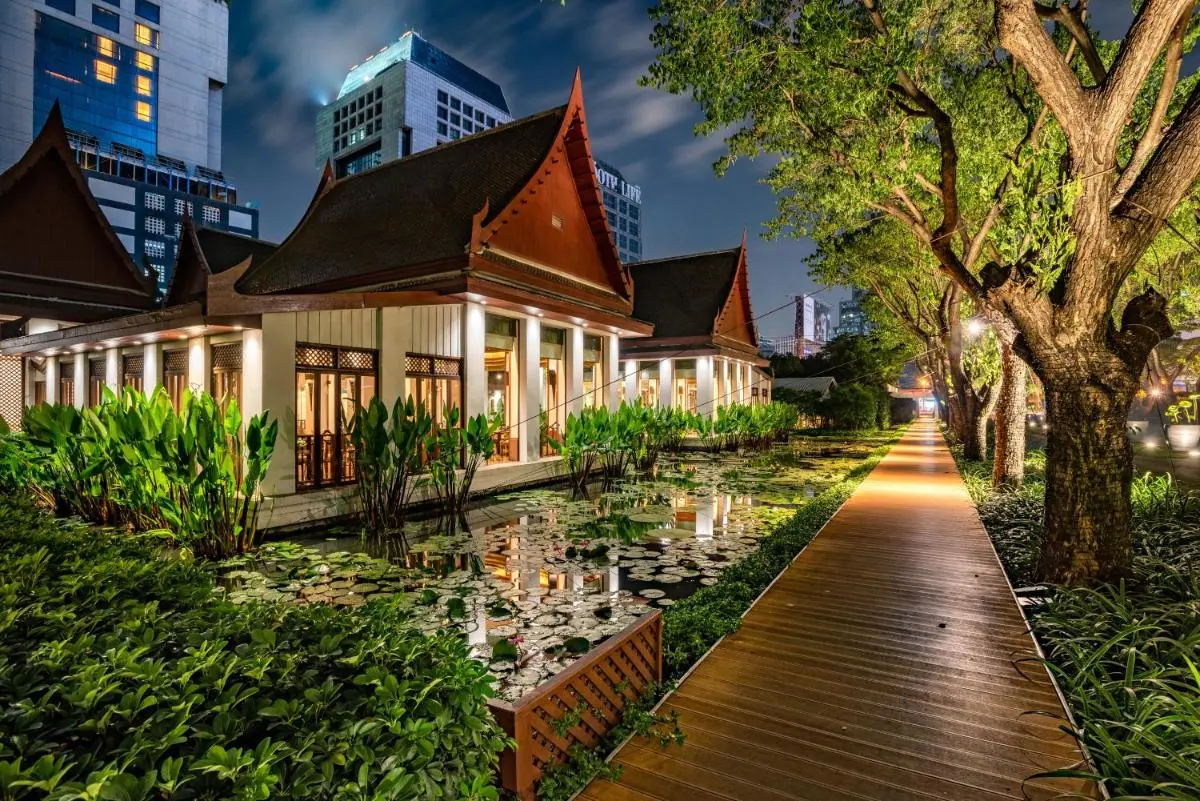The Sukhothai Bangkok Nighttime View of Traditional Architecture and Water Features in Sathorn Bangkok Bangkok Province