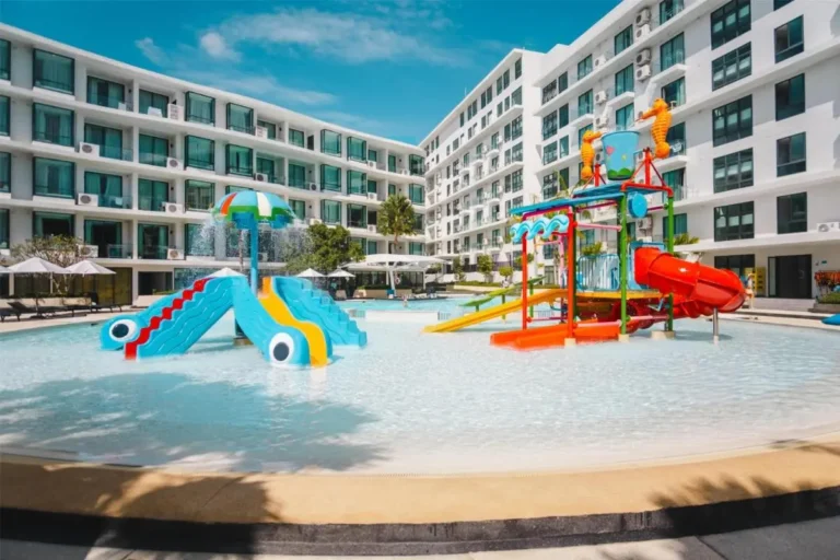 Outdoor Children’s Pool Area with Colorful Slides and Water Features at Rawai Beach