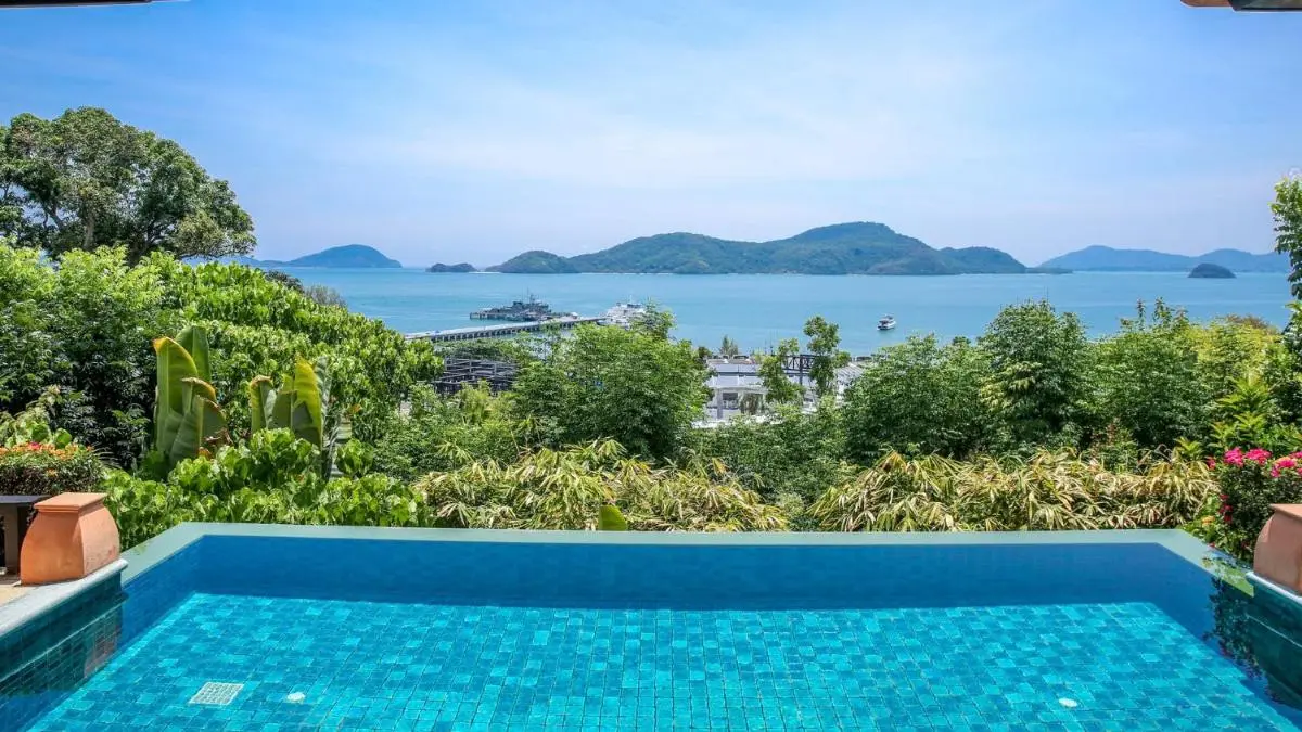 Outdoor Elevated Rectangular Pool Overlooking Panwa Beach and Coastal Islands