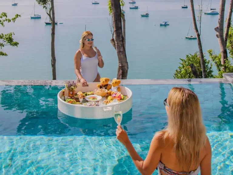 Outdoor Infinity Pool with Floating Tray and Scenic Sea Views at Panwa Beach