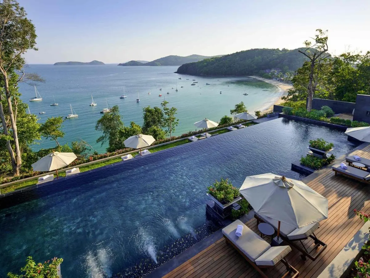 V Villas Phuket - MGallery Collection Outdoor Infinity Pool with Lounge Area Overlooking Panwa Beach Bay Phuket Province