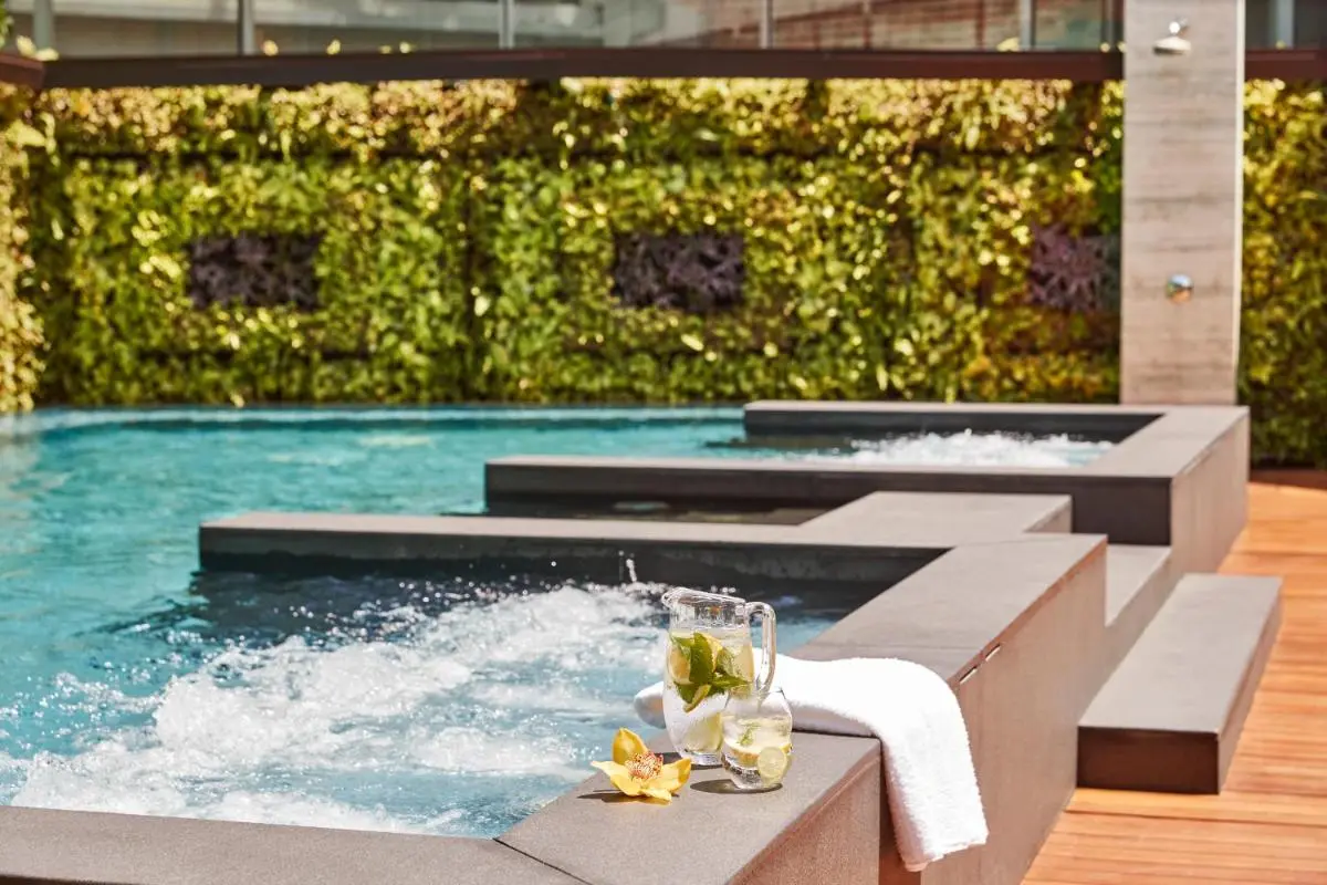 Outdoor Jacuzzi Pool Area with Vertical Garden and Wooden Deck in City Hall
