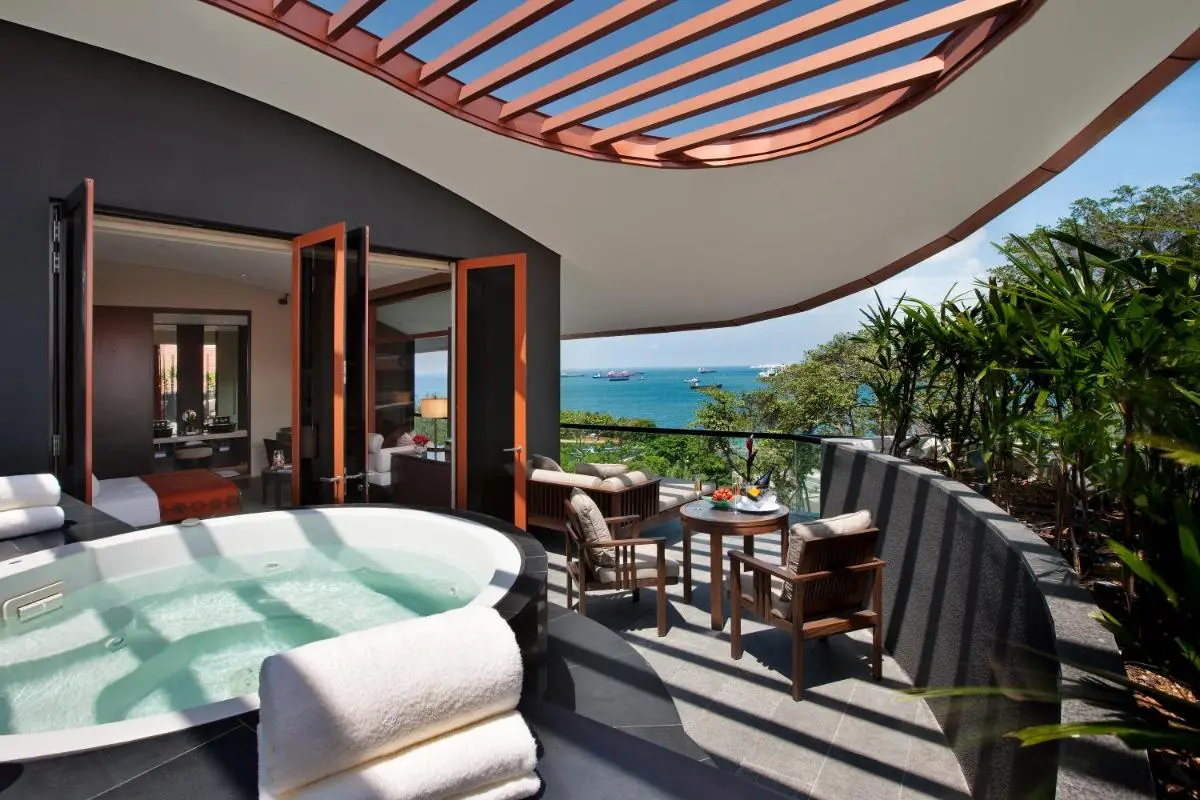 Outdoor Jacuzzi Terrace with Sea View and Seating Area on Sentosa Island