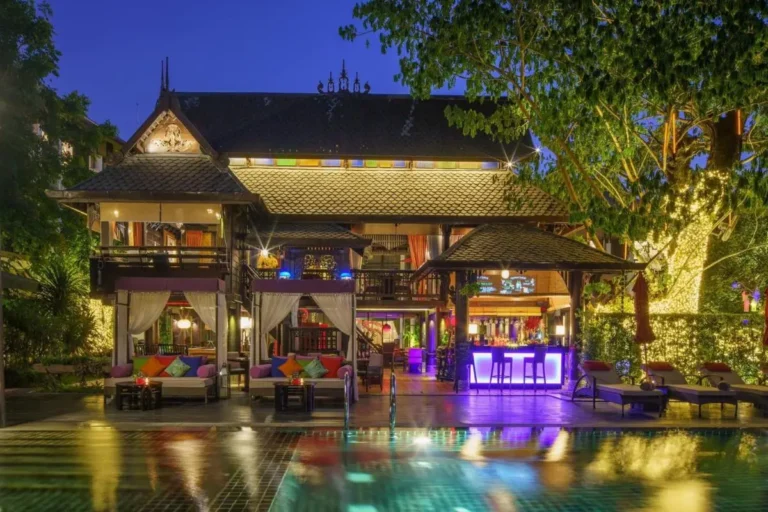 Outdoor Multi-Level Wooden Pool and Lounge Area with Bar in Phra Sing Chiang Mai