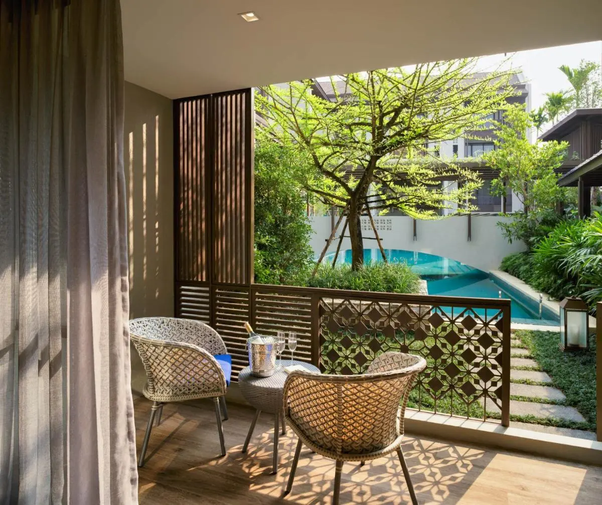 Outdoor Patio and Narrow Swimming Pool with Woven Seating in Chang Khlan Chiang Mai