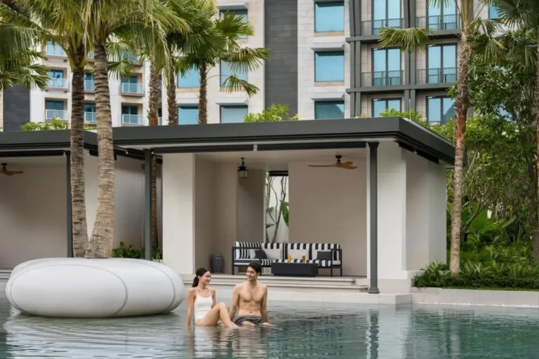 Outdoor Pool Area with Pavilion and Seating on Sentosa Island Singapore