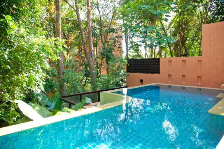 Outdoor Rectangular Pool with Blue Tiles and Natural Greenery at Panwa Beach