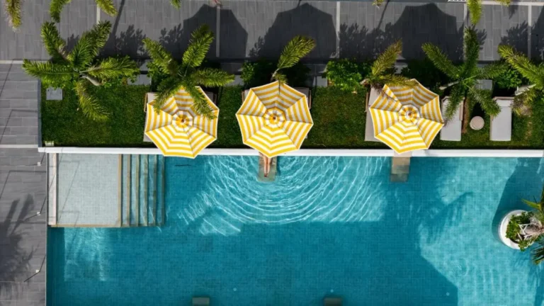 Outdoor Rectangular Swimming Pool with Lounge Area and Palm Trees in Thalang