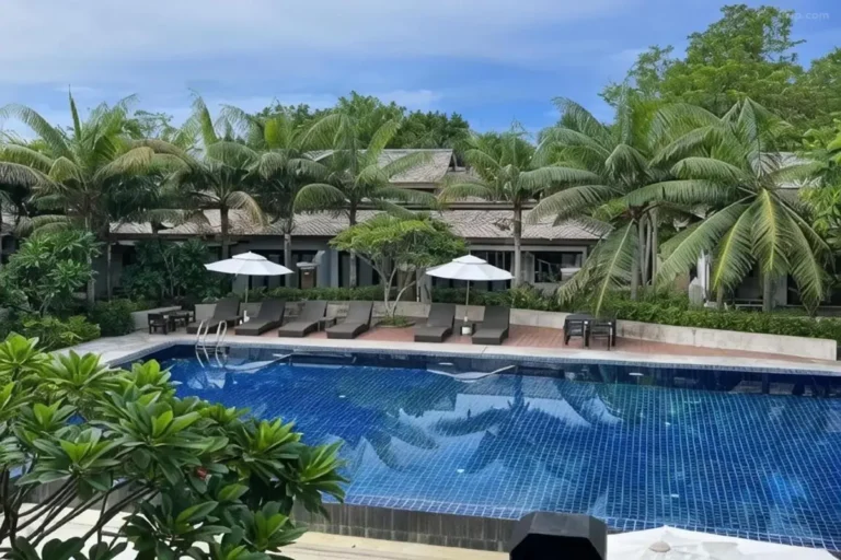 Outdoor Rectangular Swimming Pool with Lounge Chairs and Palm Trees in Chiang Mai