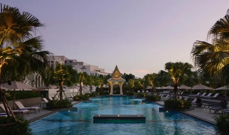 Outdoor Rectangular Swimming Pool with Palm Trees and Pavilion in Ratchathewi Bangkok Outdoor Rectangular Swimming Pool with Palm Trees and Pavilion in Ratchathewi Bangkok