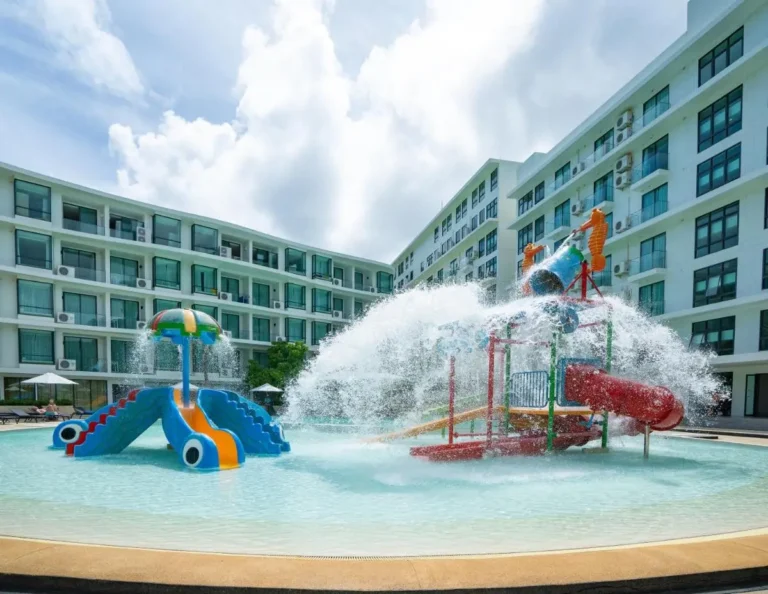 Outdoor Shallow Children’s Pool with Water Slides and Splash Features in Rawai Beach Phuket