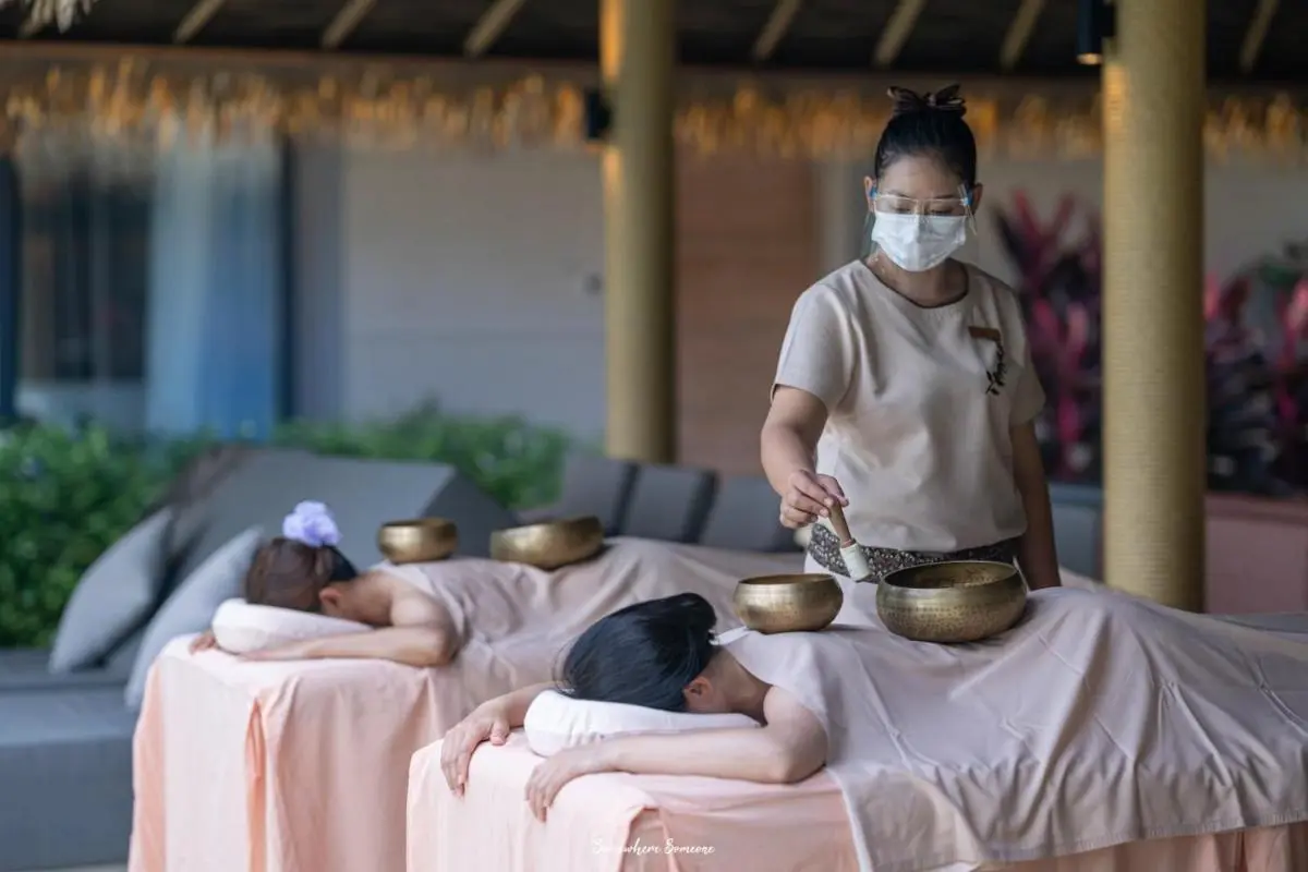 Outdoor Spa Setting with Sound Therapy Bowls and Massage Tables in Phuket Town