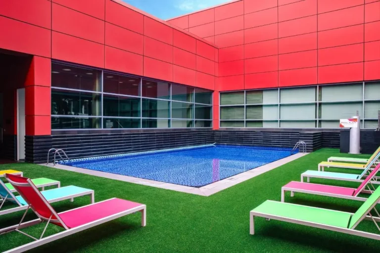 Outdoor Swimming Pool and Lounge Area with Artificial Grass in Orchard