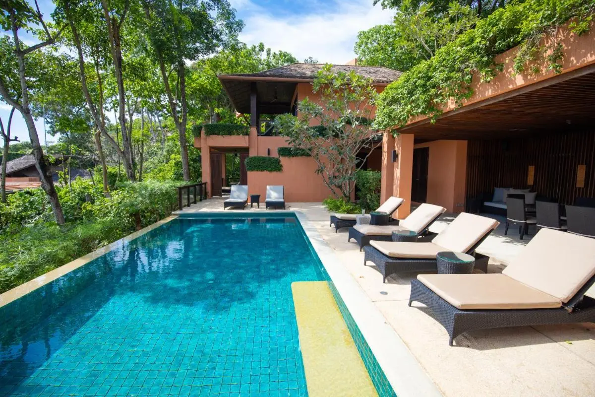 Sri Panwa Phuket Luxury Pool Villa Hotel Outdoor Swimming Pool and Lounge Area with Covered Patio at Panwa Beach