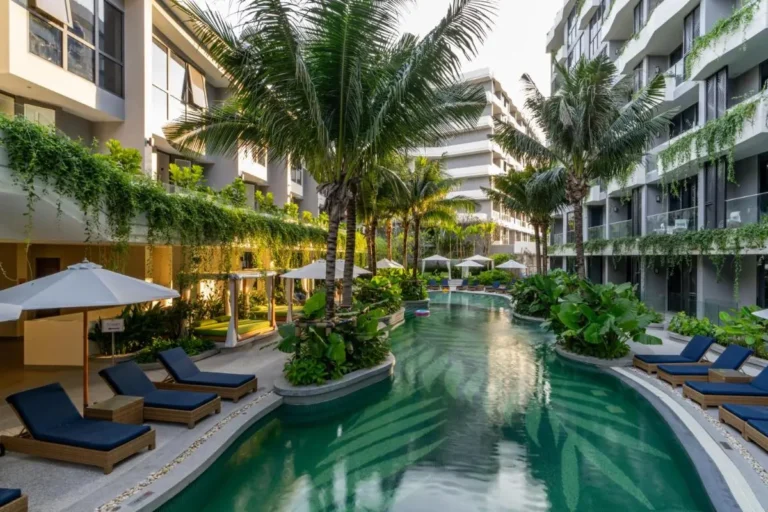 Outdoor Swimming Pool Area with Lounge Chairs and Tropical Landscaping at Bang Tao Beach