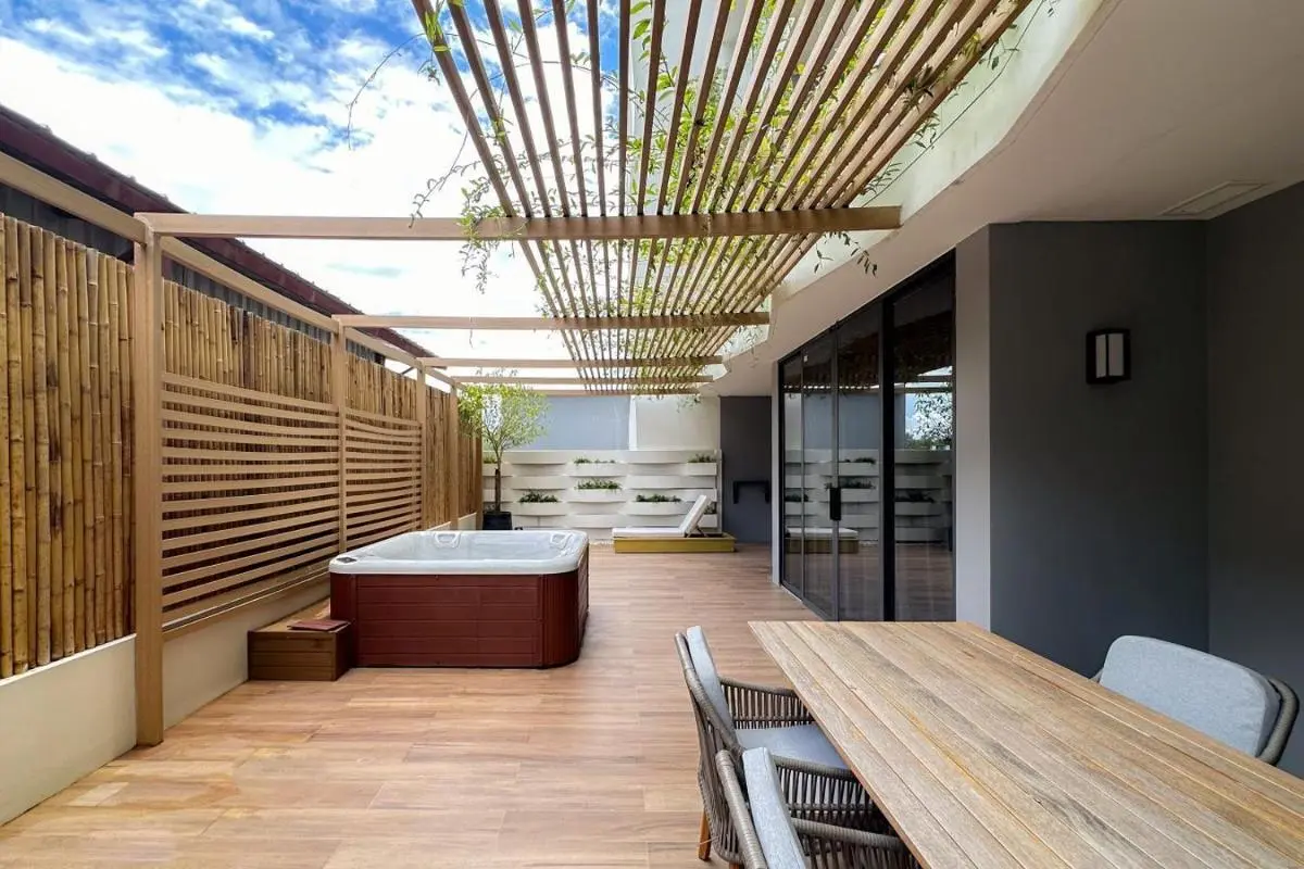 Outdoor Terrace with Wooden Hot Tub Jacuzzi and Dining Area Near Bang Tao Beach