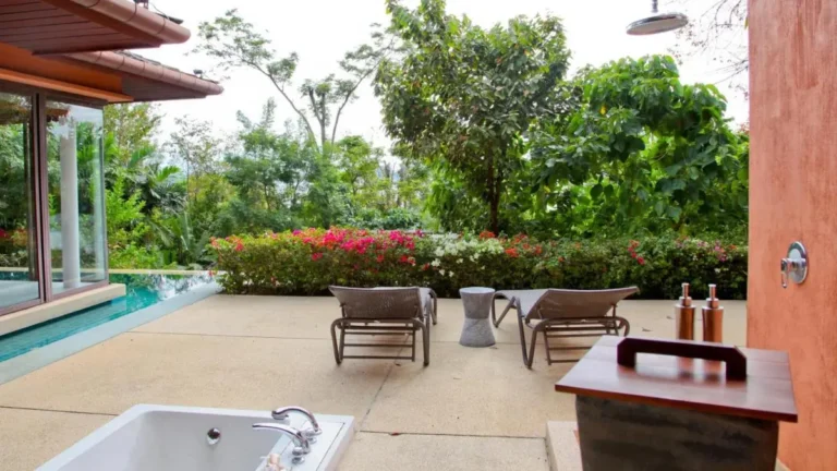 Outdoor Wellness Area with Bathtub, Lounge Chairs, and Pool Near Panwa Beach