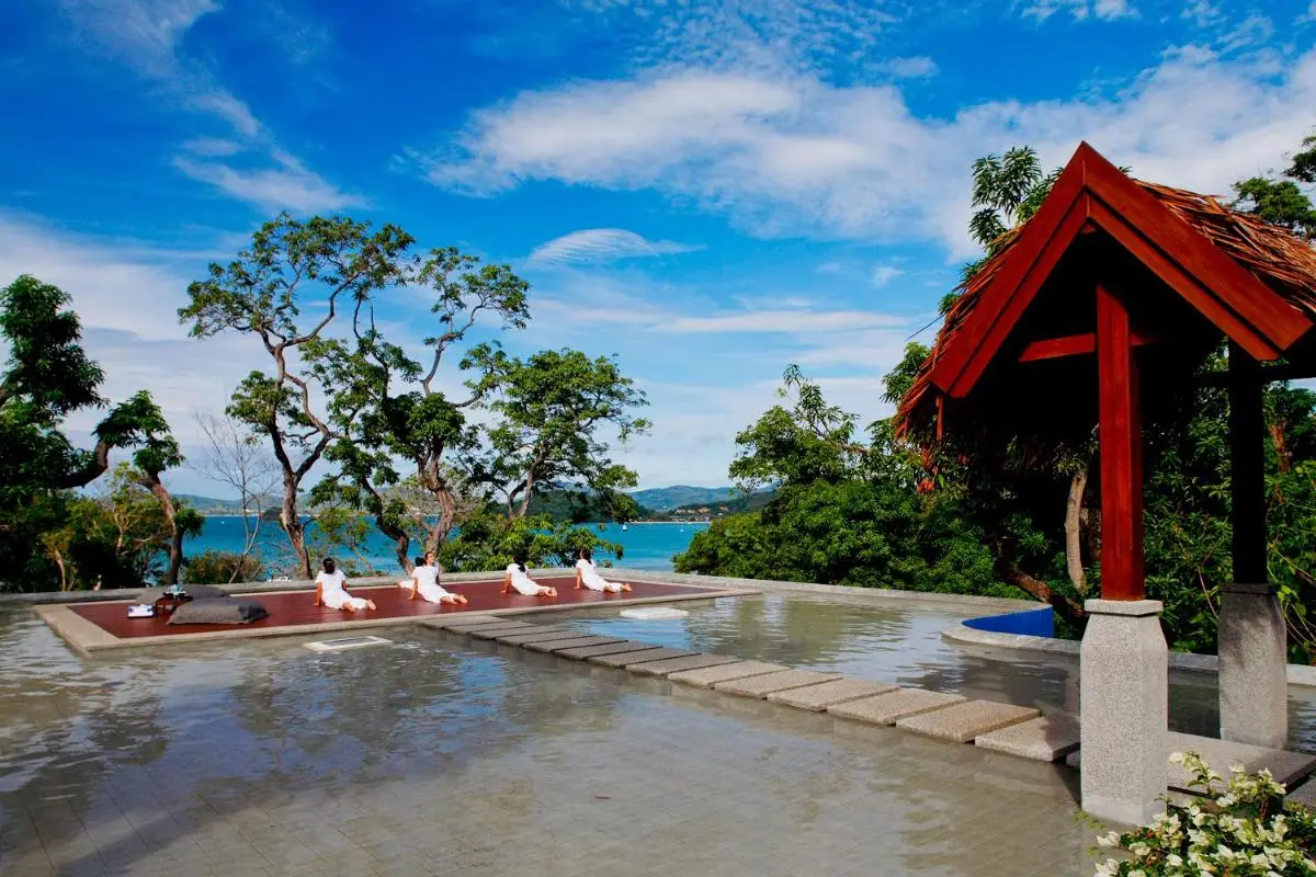 Outdoor Wellness Area with Reflecting Pool and Pavilion at Panwa Beach