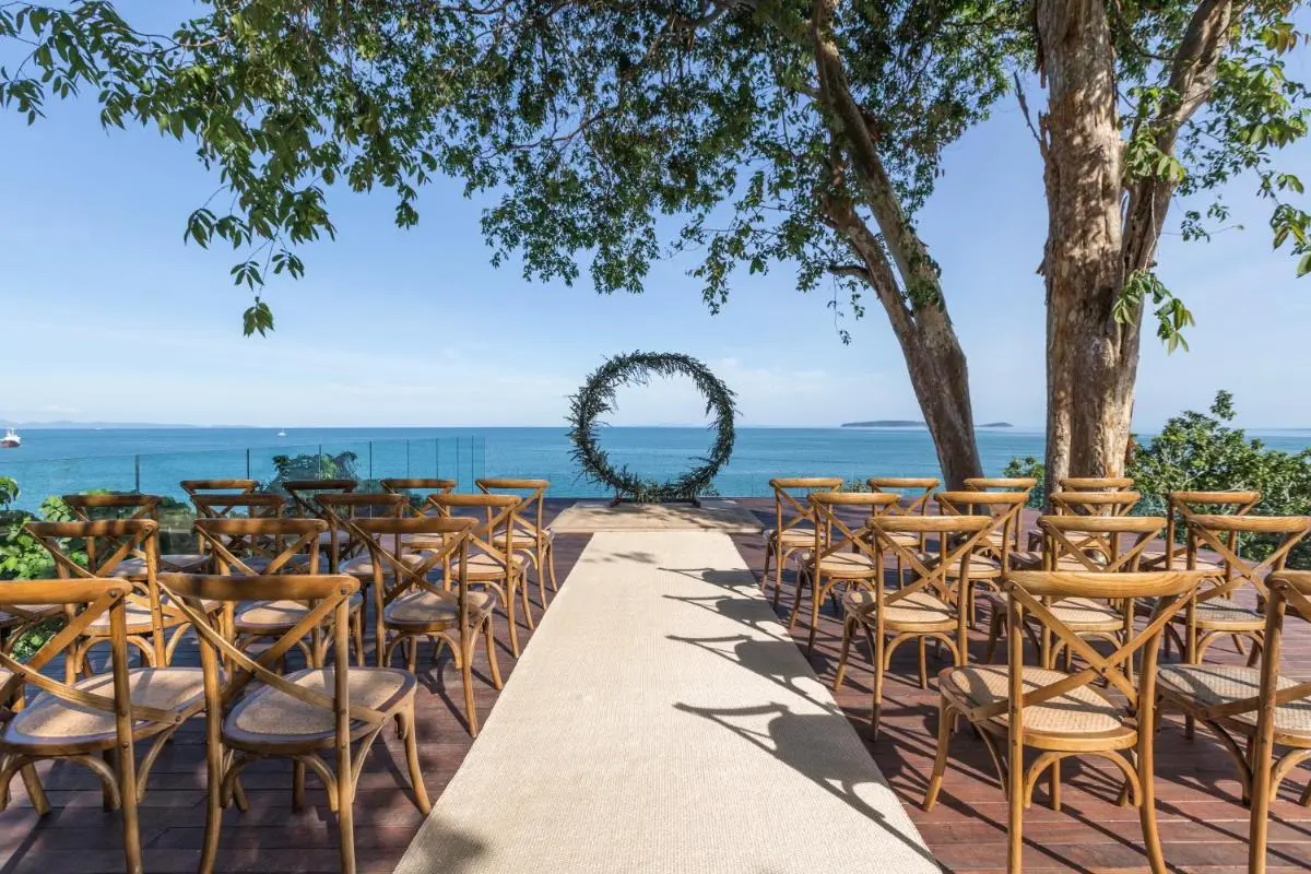 Outdoor Wooden Deck Ceremony Setup Overlooking Ocean at Panwa Beach