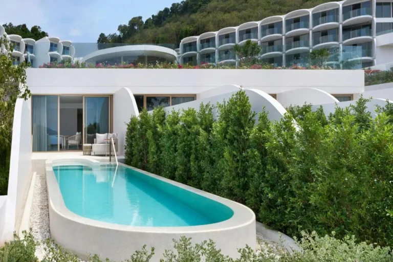 Private Outdoor Pool Area with Modern Architecture and Hillside Views at Panwa Beach