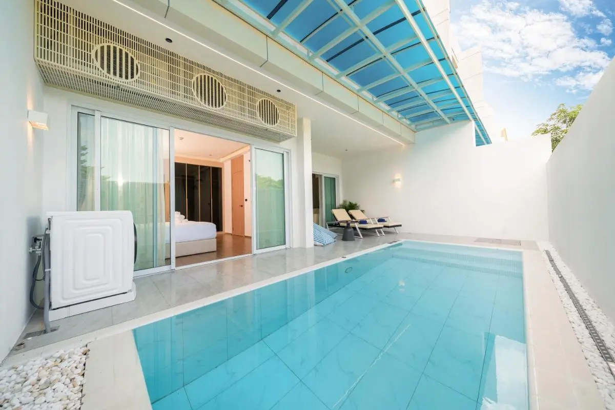 Private Outdoor Swimming Pool and Relaxation Patio with Glass Roof at Rawai Beach