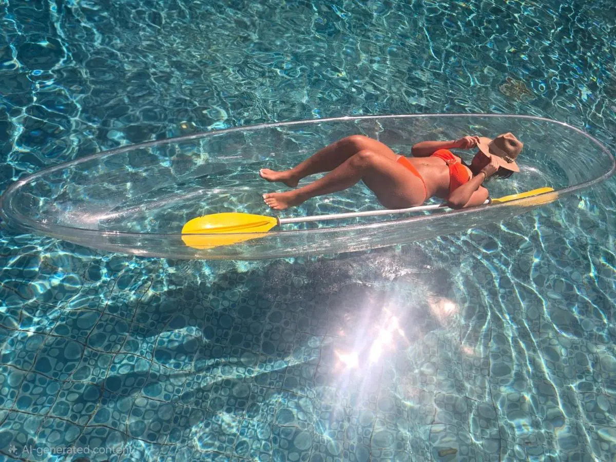Relaxing Scene of Transparent Kayak Floating in Clear Blue Pool Water in Thalang
