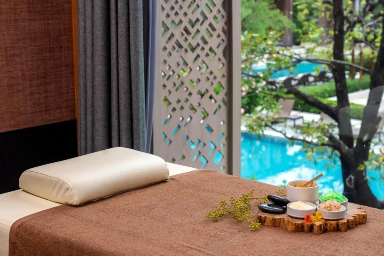 Relaxing Spa Treatment Room and Outdoor Pool Area in Sathorn Bangkok
