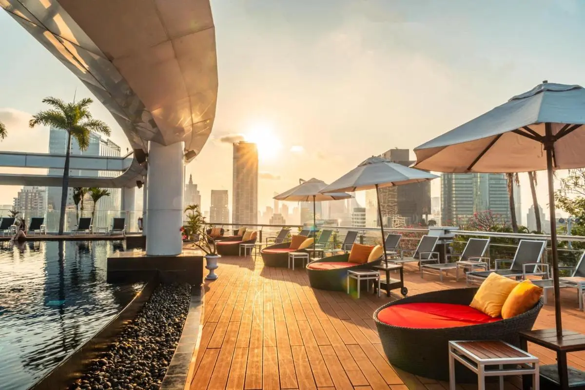 Centara Grand At CentralWorld Rooftop Infinity Pool and Lounge Area with City Views in Pathumwan Bangkok