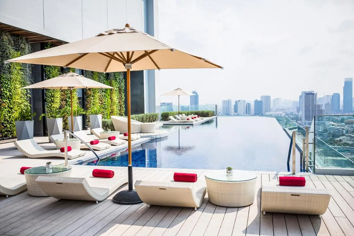 Rooftop Infinity Pool and Lounge Area with City Views in Thonburi Bangkok