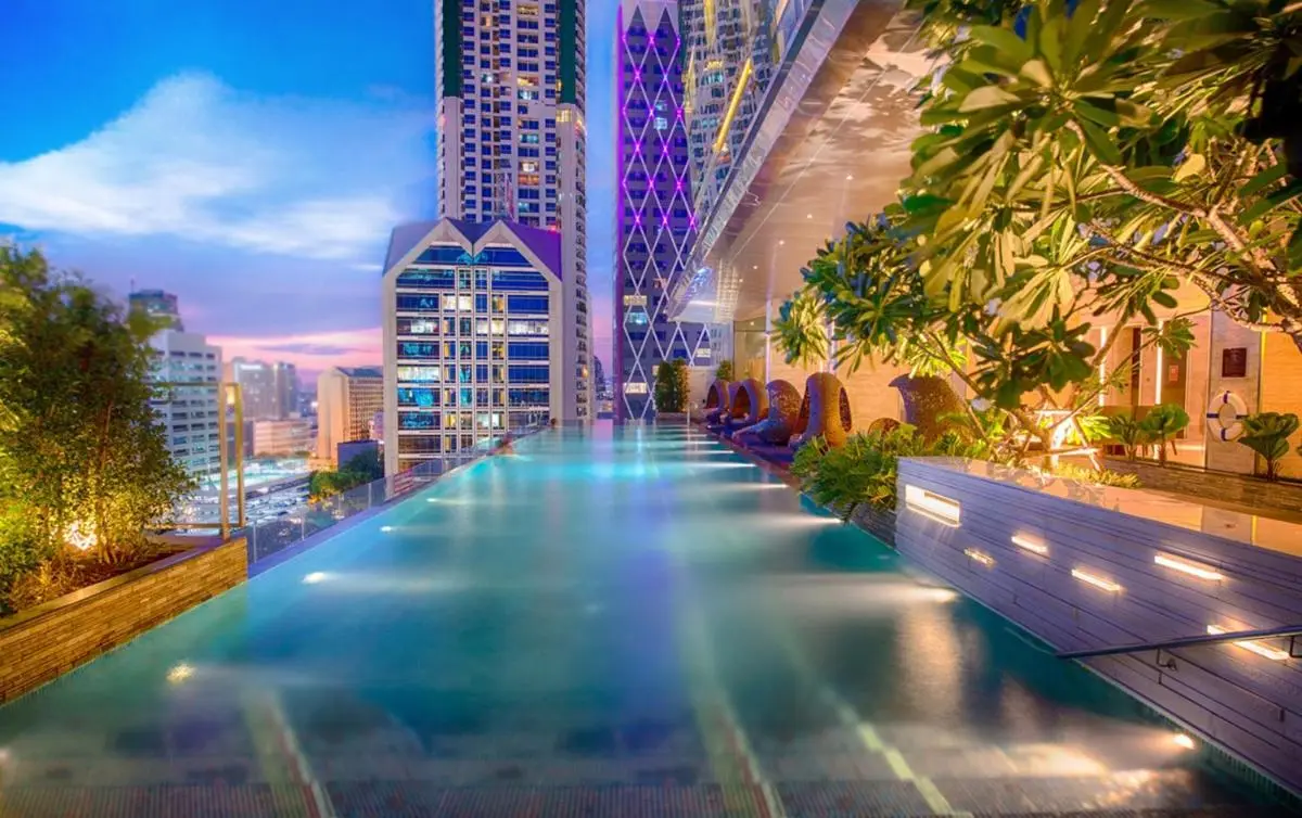 Rooftop Infinity Pool and Relaxation Area with Cityscape Views in Sathorn Bangkok