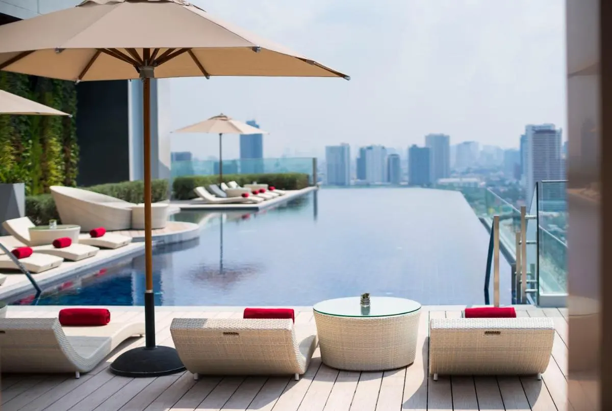 Avani Plus Riverside Bangkok Hotel Rooftop Infinity Pool with City Skyline Views and Lounge Seating in Thonburi