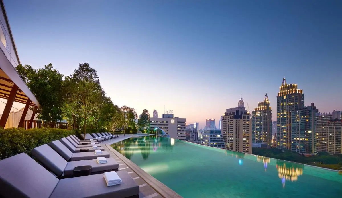 Park Hyatt Bangkok Rooftop Infinity Pool with City Skyline Views at Dusk in Pathumwan Bangkok