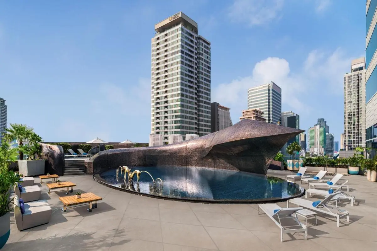 Rooftop Pool with Water Features and Lounge Area in Bang Rak Cityscape