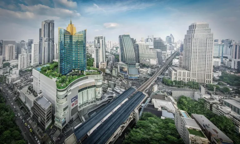 Rooftop Pools and Urban Green Spaces in Wattana Cityscape View