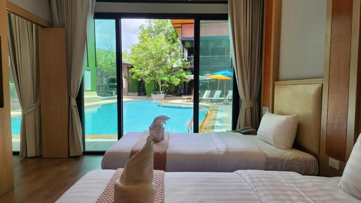Room with Twin Beds and Direct View of Outdoor Swimming Pool in Ban Bo Rae