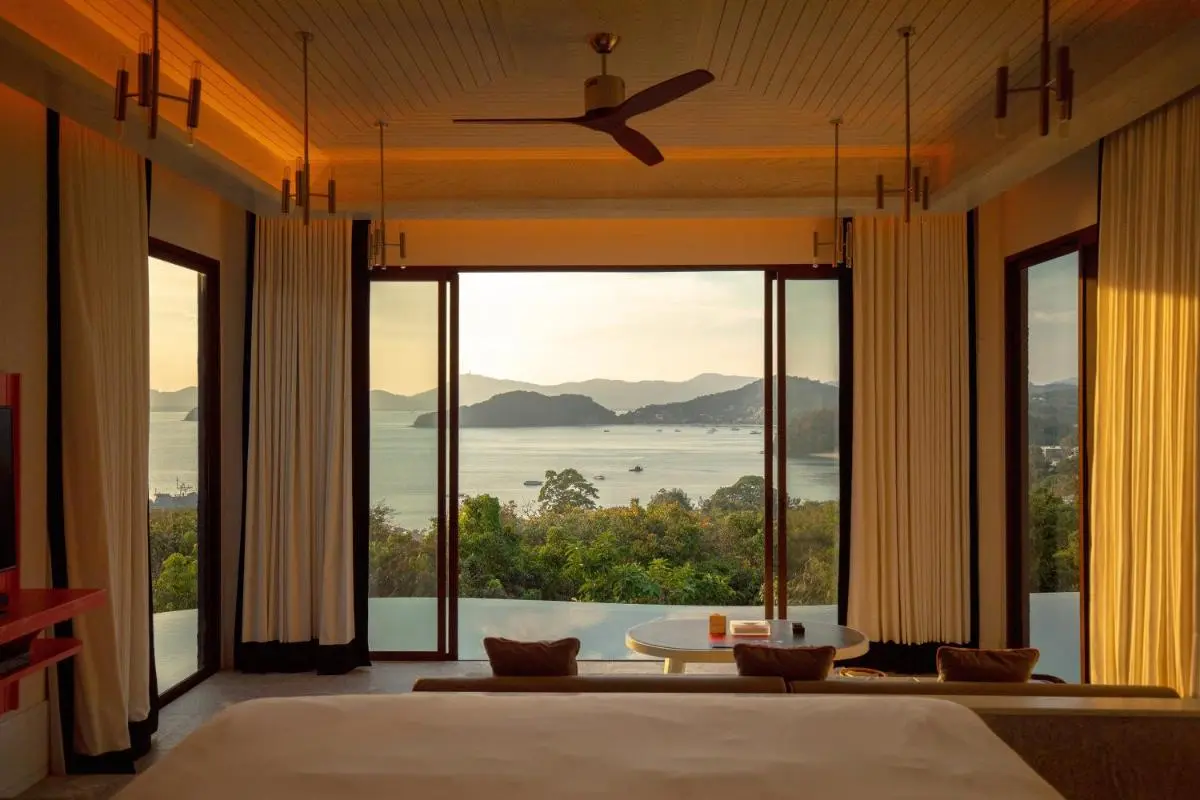 Serene Indoor Room with Infinity Pool Overlooking Panwa Beach Bay and Hills