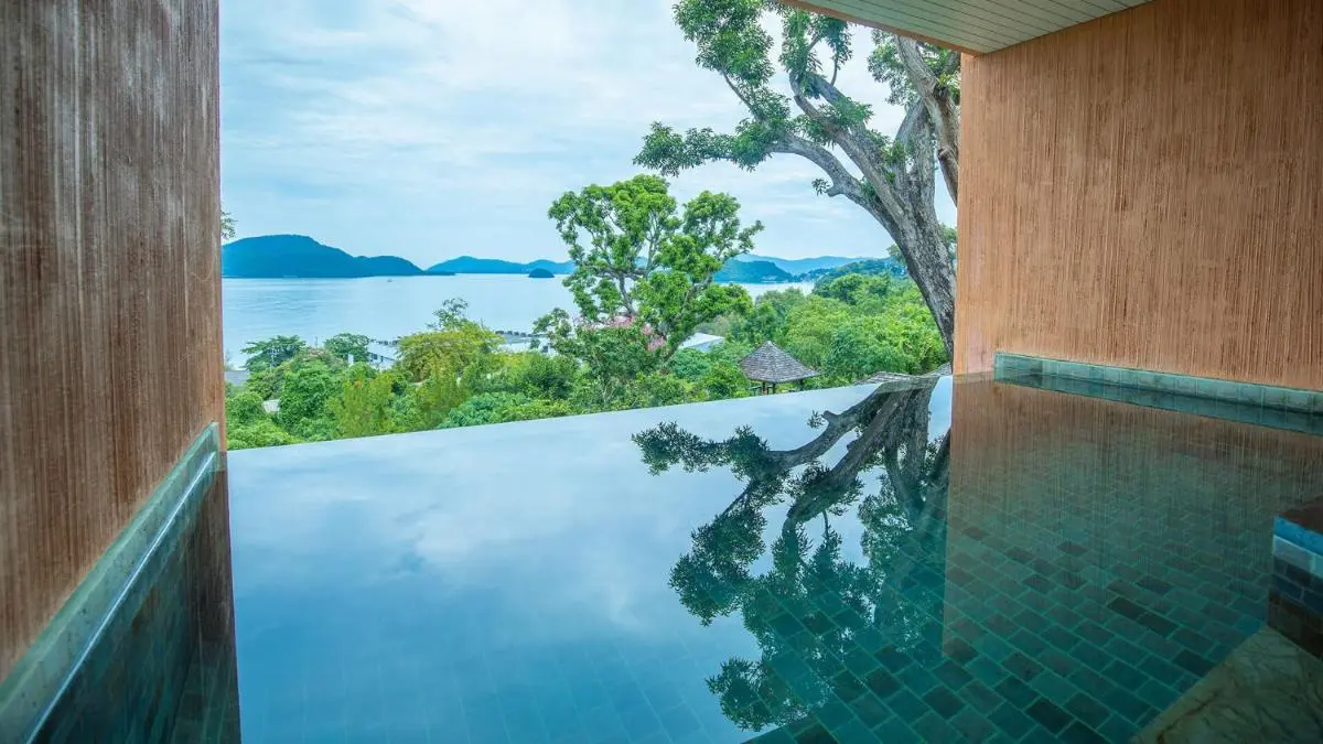 Serene Small Infinity Pool with Natural Walls Overlooking Panwa Beach Scenery