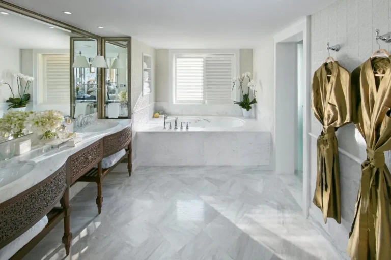 Spacious Marble Bathroom with Large Bathtub and Double Sink Vanity in Bang Rak