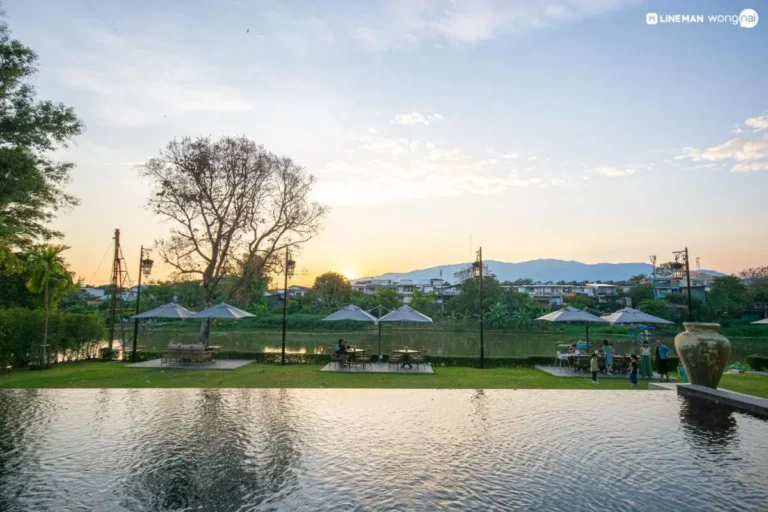 Sunset View of Infinity Pool and Outdoor Seating Area in Fa Ham Chiang Mai
