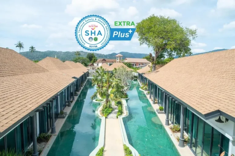 Symmetrical Outdoor Swimming Pools with Greenery and Architectural Features in Chalong
